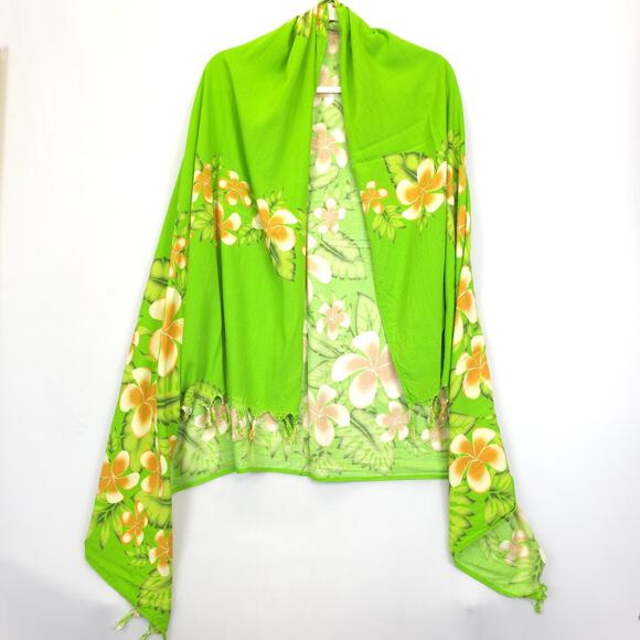 Hawaiian Scarf Wrap Sarong Pink Hibiscus Palm Tree Fringe Green Orange 60x43 - Picture 3 of 5